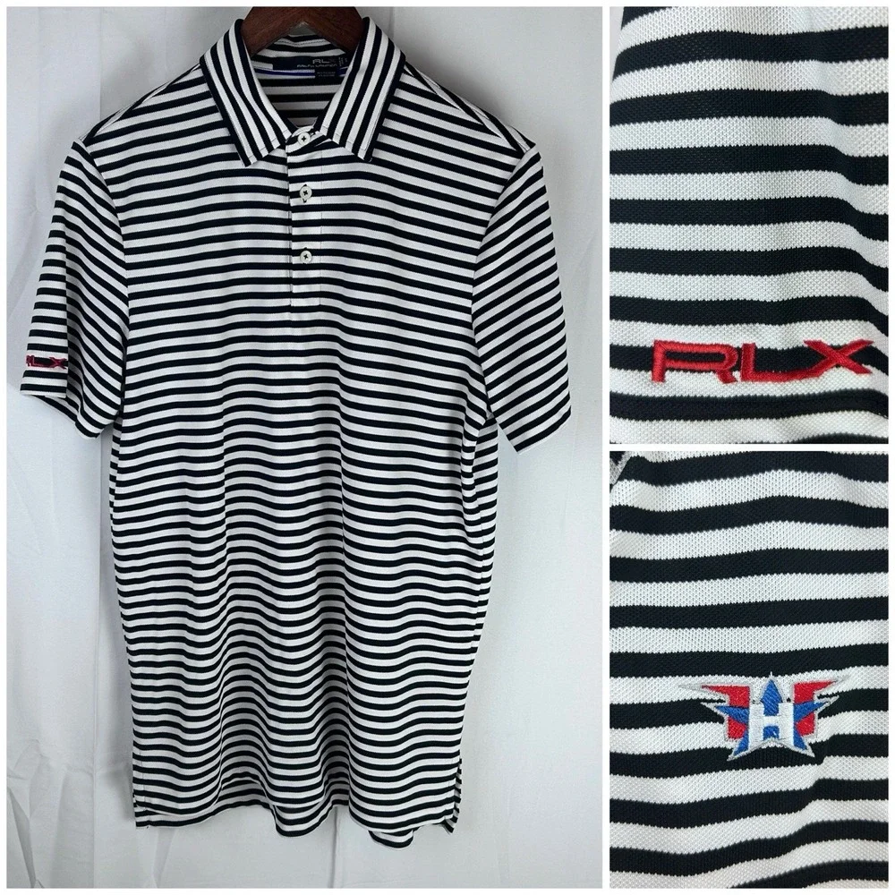 RLX Ralph Lauren‎ Golf Polo Shirt Mens Small Black White Striped Folds of Honor